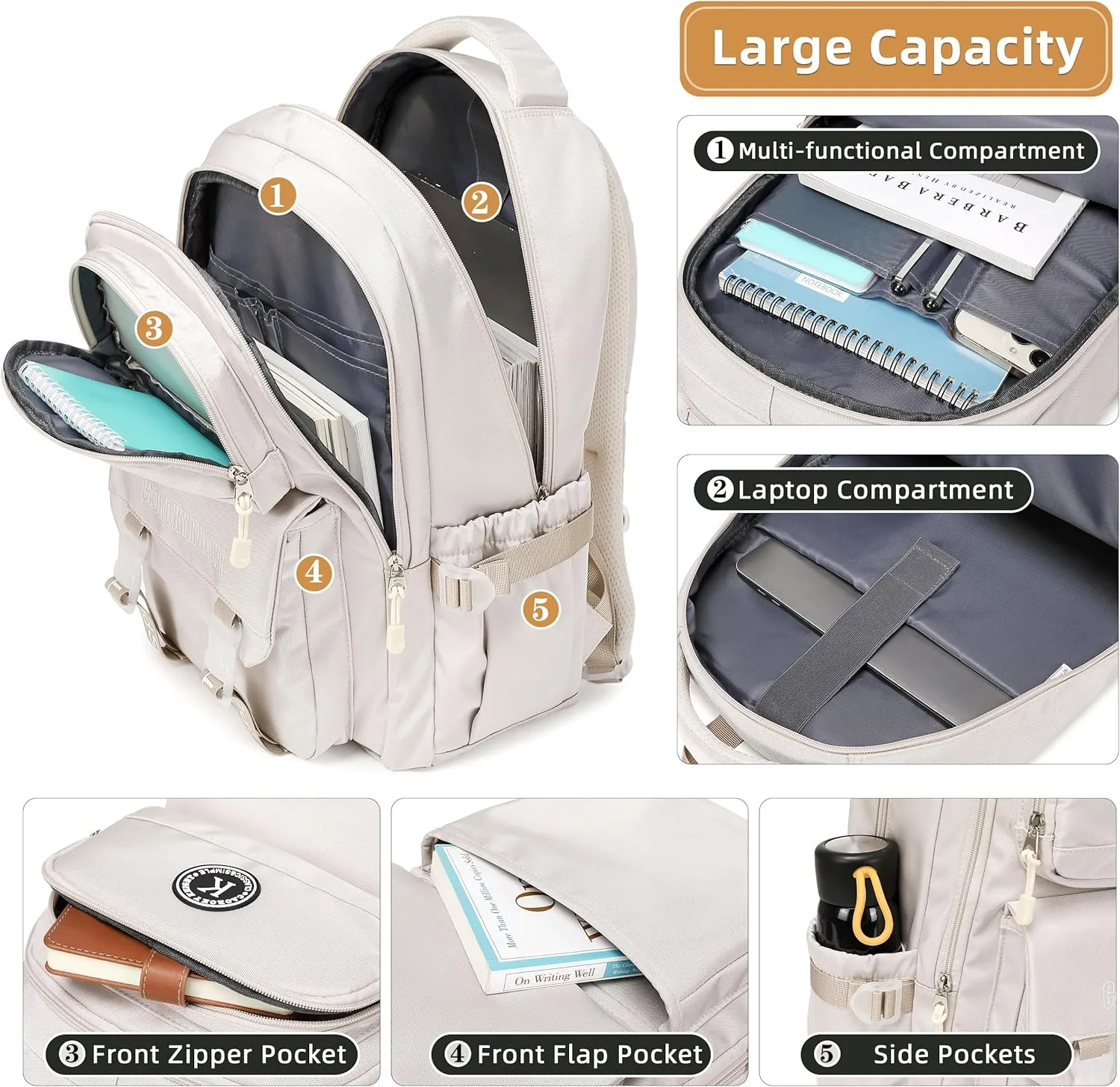 Caoroky knight laptop backpack 15.6 inch for women men large college bookbag school bag for kids teens girls boys students elementary back pack anti theft travel daypack work business rucksack-Beige