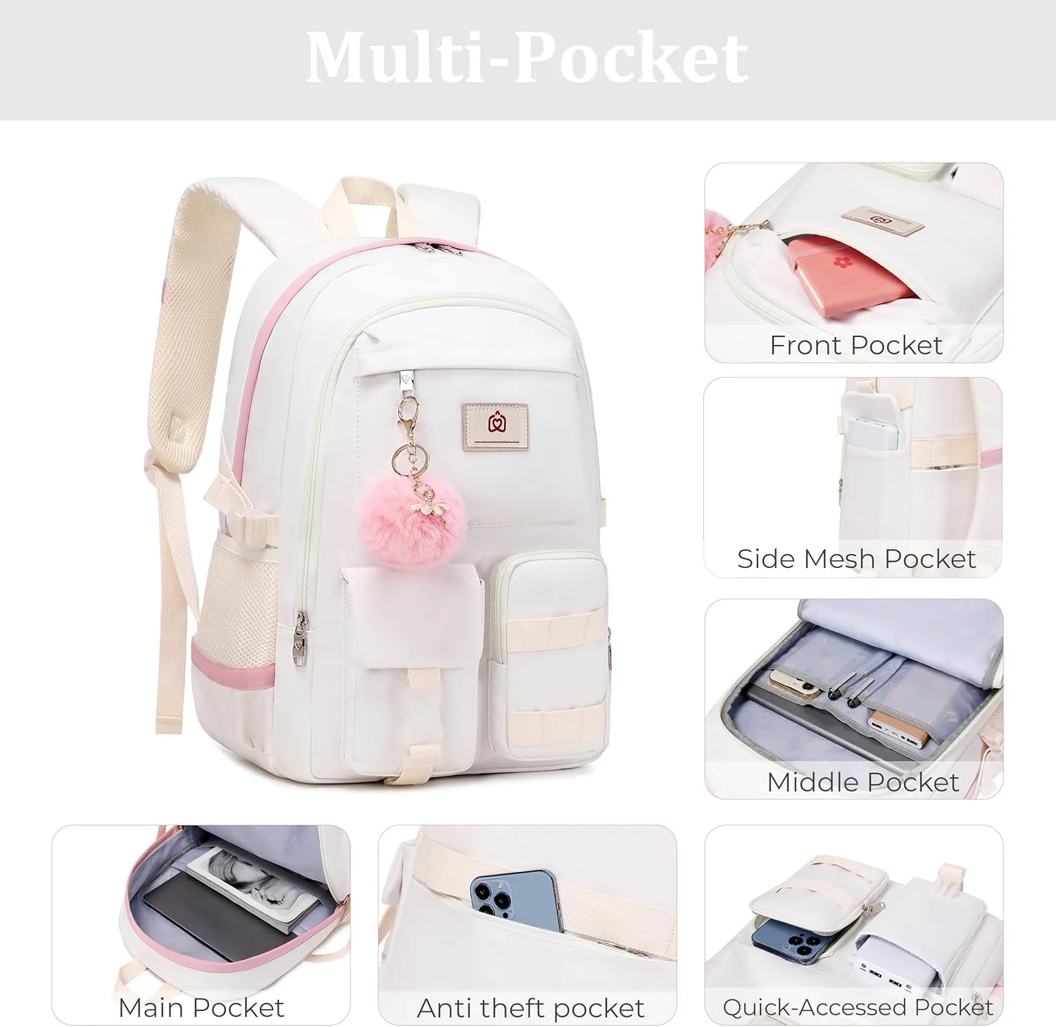 Caoroky knight Women Backpack for Girls Kids Elementary School Bag College Bookbags Laptop Backpacks Travel Dayapck Rucksack (Off White, Large)