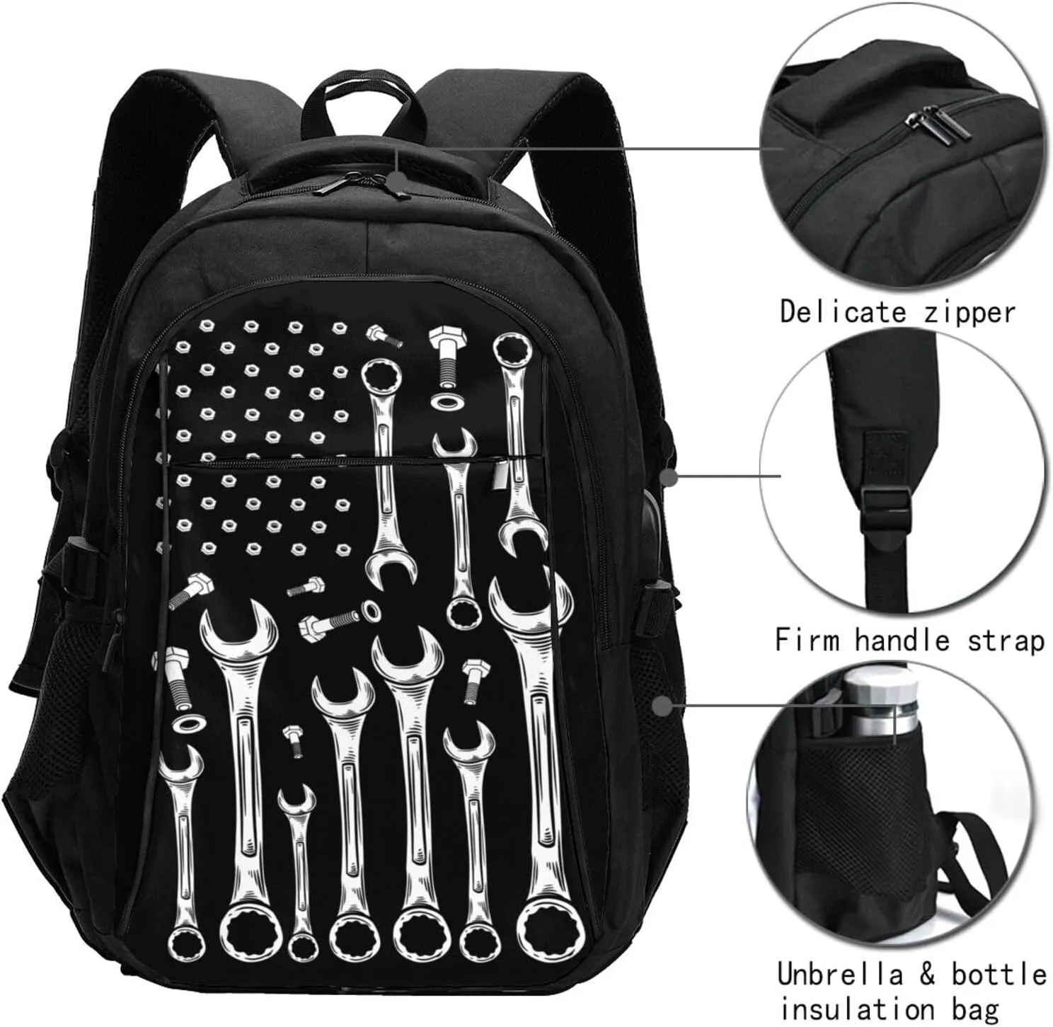 Car Mechanic American Flag Travel Backpack Laptop Backpacks Business Rucksack Outdoor Daypack Large Sport Bag with Luggage Strap USB Charging Port for Hiking Working