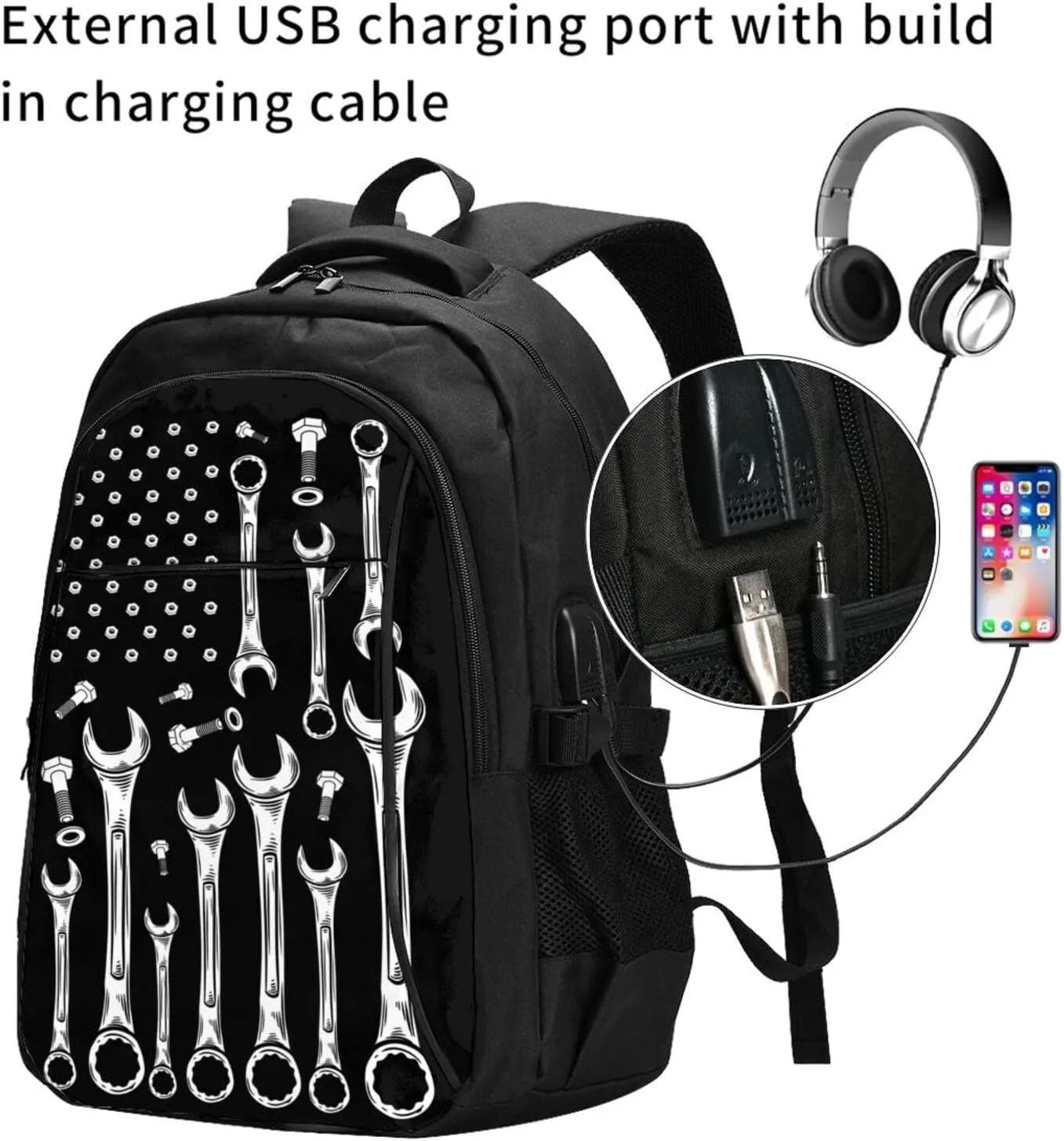 Car Mechanic American Flag Travel Backpack Laptop Backpacks Business Rucksack Outdoor Daypack Large Sport Bag with Luggage Strap USB Charging Port for Hiking Working