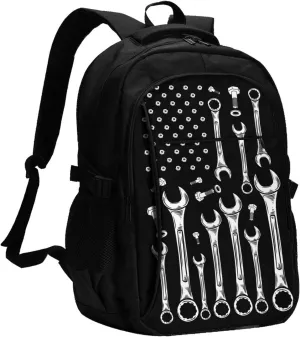 Car Mechanic American Flag Travel Backpack Laptop Backpacks Business Rucksack Outdoor Daypack Large Sport Bag with Luggage Strap USB Charging Port for Hiking Working
