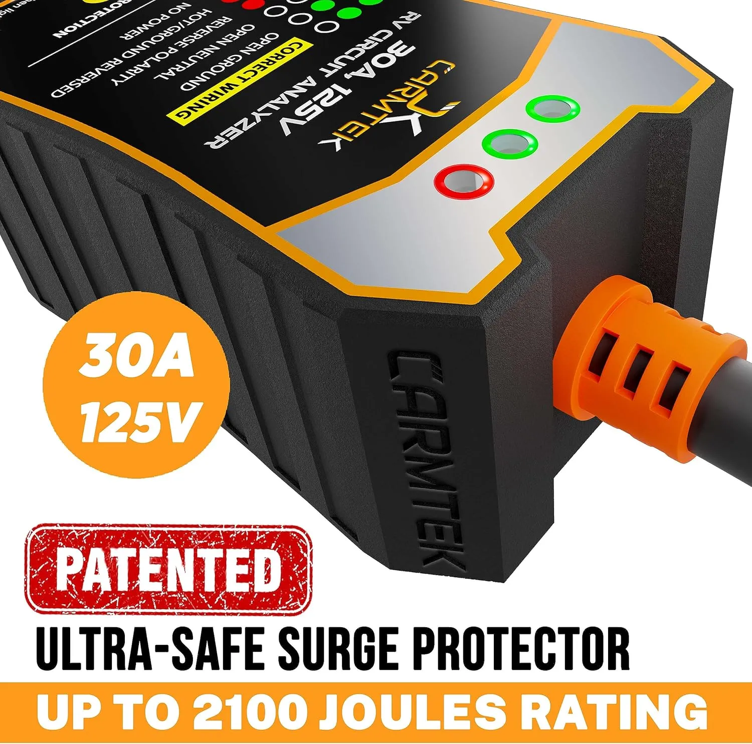 CARMTEK RV Surge Protector 30 Amp - RV Circuit Analyzer with Integrated Smart 30 Amp Surge Voltage Protection with Grip Handles