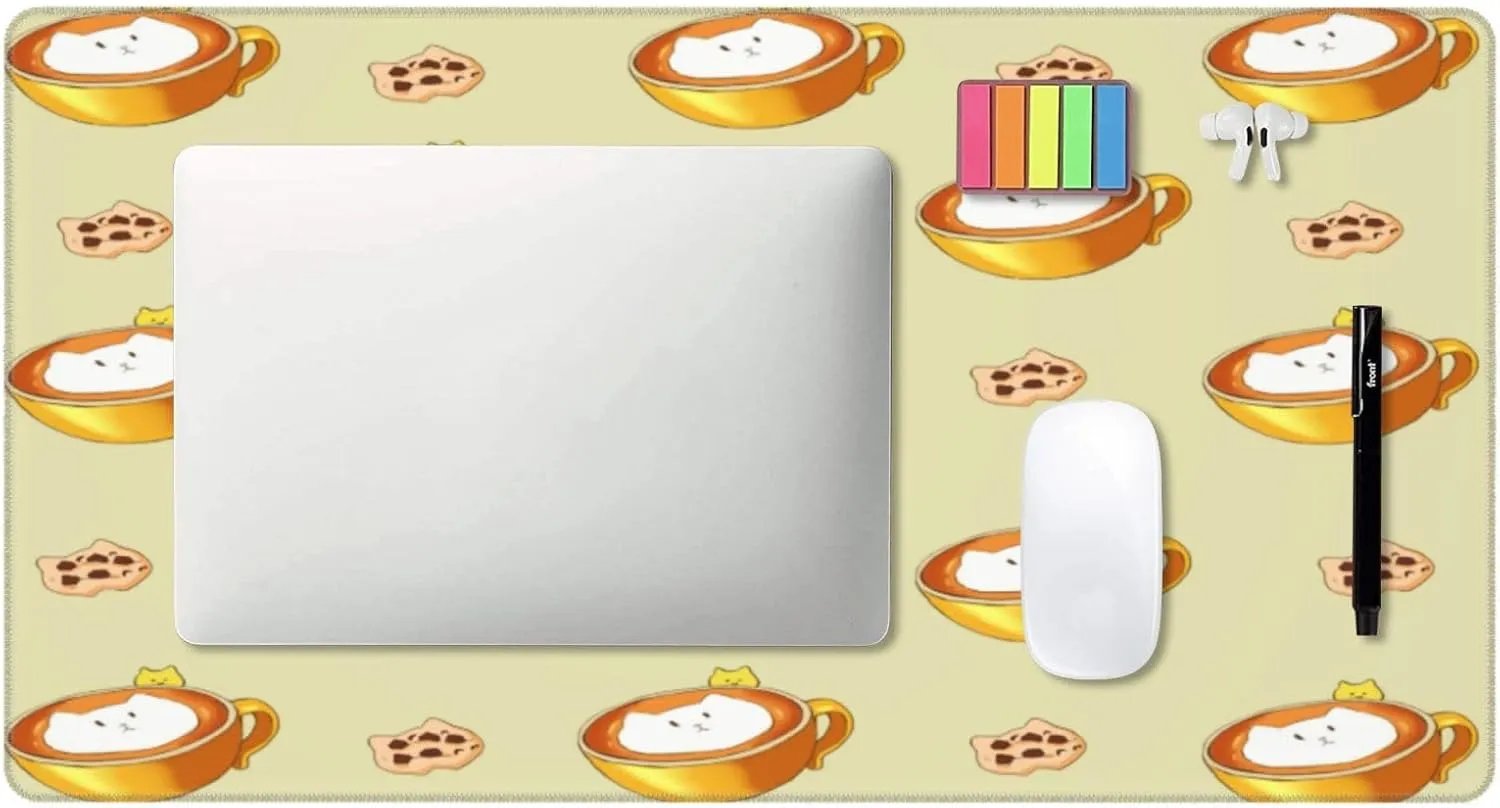 Cartoon Cat Coffee Non-Slip Desk Pad,Mouse Pad,Waterproof PVC Desk Table Protector, Easy Clean Laptop Desk Writing Mat for Office Work/Home/Decor