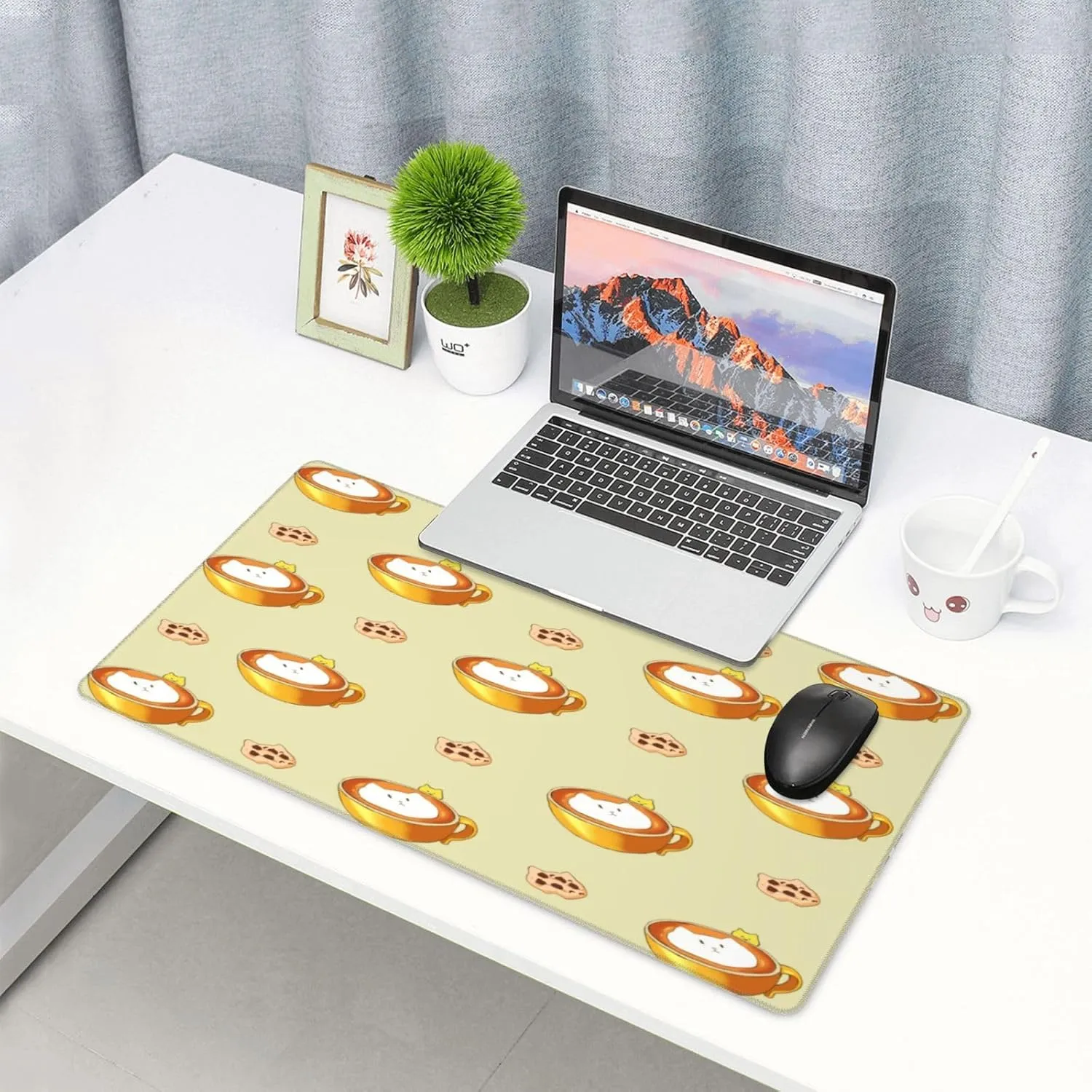 Cartoon Cat Coffee Non-Slip Desk Pad,Mouse Pad,Waterproof PVC Desk Table Protector, Easy Clean Laptop Desk Writing Mat for Office Work/Home/Decor