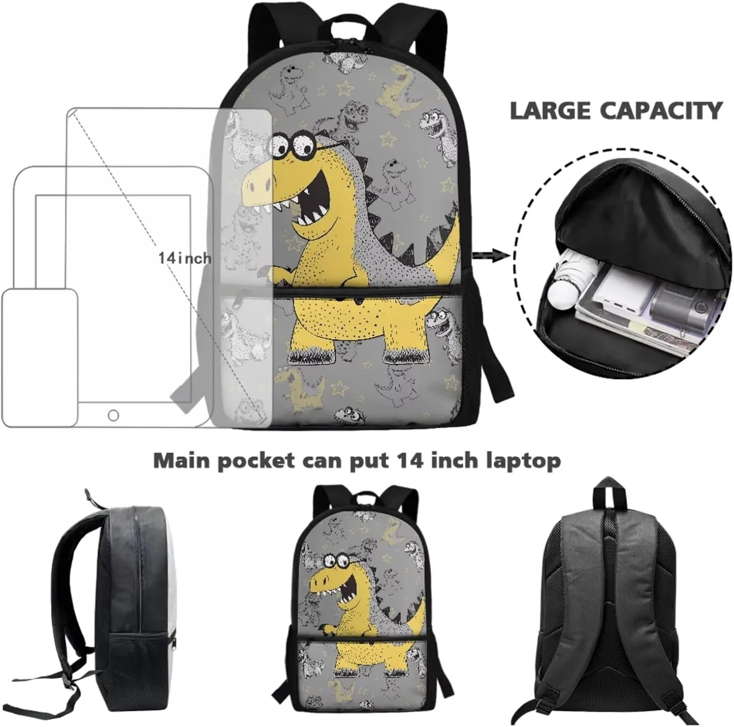 Cartoon Dinosaur Eyeglasses Print 3 In 1 School Bag with Lunch Box Set for Boys Backpack Purse Middle High School Book Bag with Pencil Case for Kids Primary Child Daypack Satchel Rucksack
