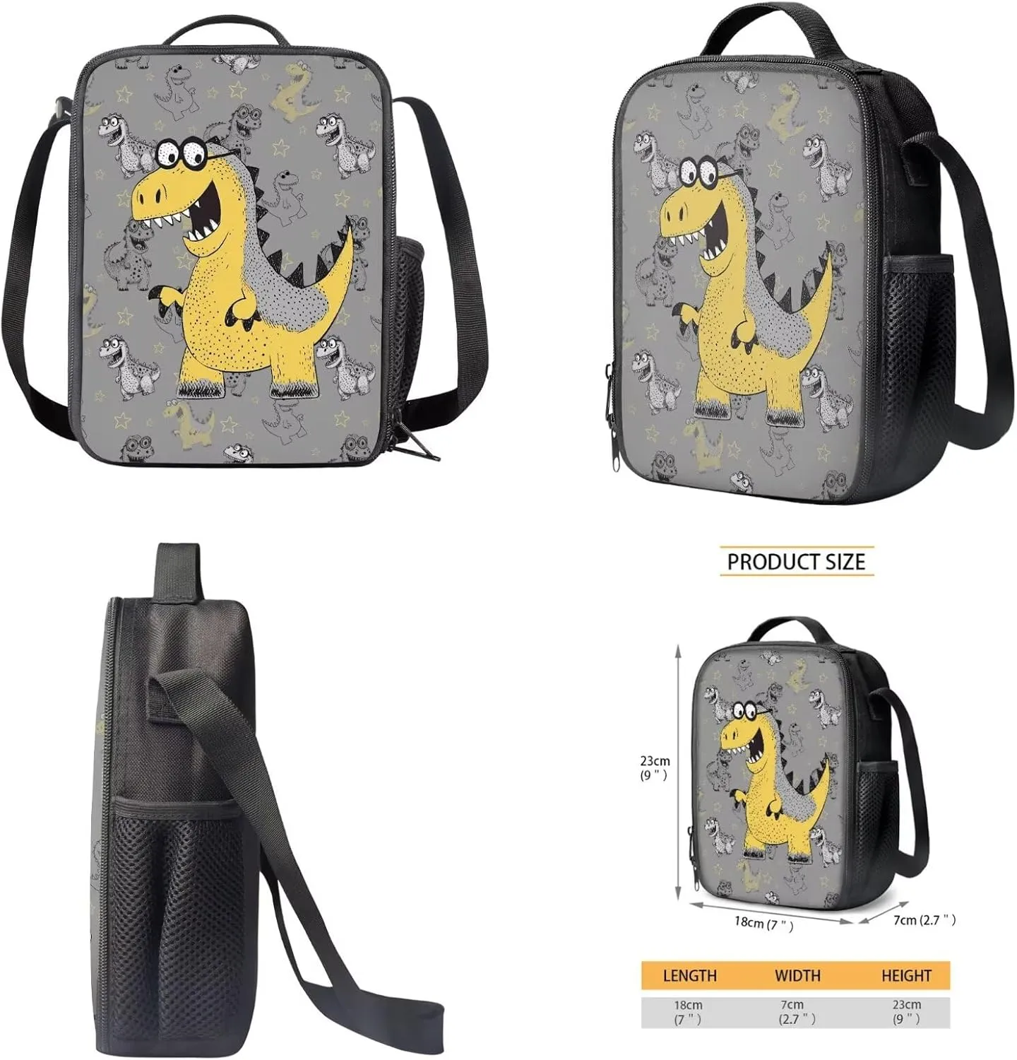 Cartoon Dinosaur Eyeglasses Print 3 In 1 School Bag with Lunch Box Set for Boys Backpack Purse Middle High School Book Bag with Pencil Case for Kids Primary Child Daypack Satchel Rucksack