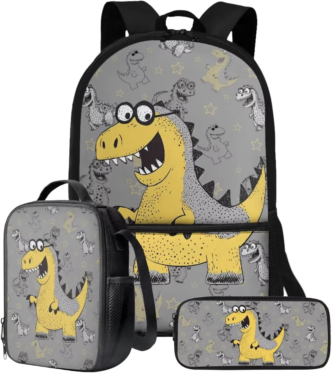 Cartoon Dinosaur Eyeglasses Print 3 In 1 School Bag with Lunch Box Set for Boys Backpack Purse Middle High School Book Bag with Pencil Case for Kids Primary Child Daypack Satchel Rucksack