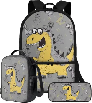 Cartoon Dinosaur Eyeglasses Print 3 In 1 School Bag with Lunch Box Set for Boys Backpack Purse Middle High School Book Bag with Pencil Case for Kids Primary Child Daypack Satchel Rucksack