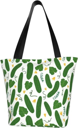 Cartoon Vegetables Cucumber Pattern Large Capacity Reusable Shoulder Bag Tote Bag For Women For Travel Beach Work Shopping