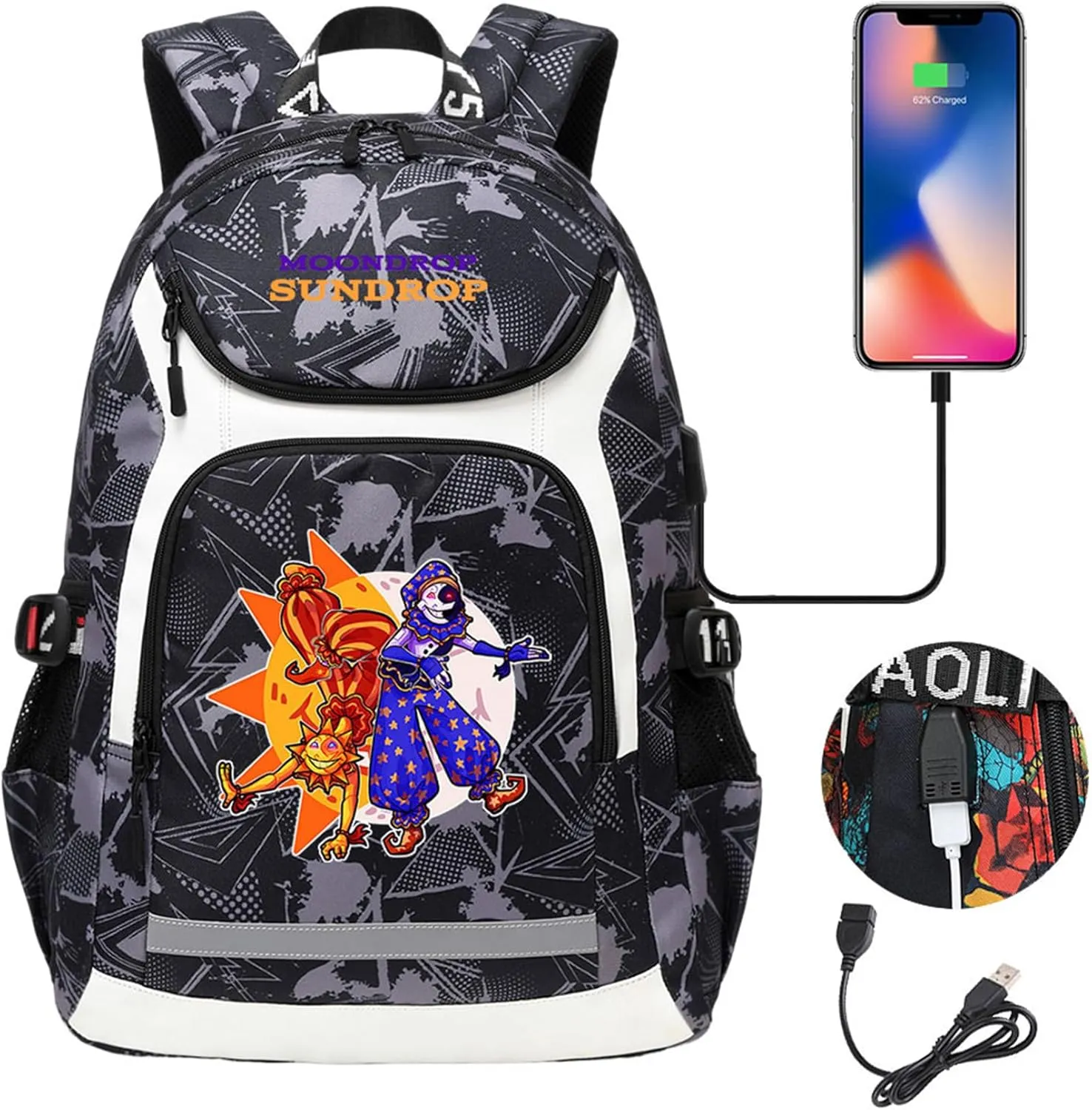 Casual Sundrop and Moondrop Graphic Knapsack Travel Backpack Lightweight Wear Resistant Bookbag with USB Charging Port