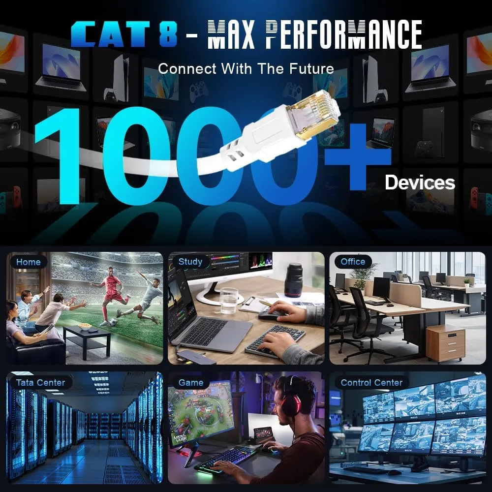 Cat 8 Ethernet Cable 100 ft Internet Network LAN Patch Cable Cord High Speed 2000Mhz 40Gbps RJ45 Cables for Gaming, Xbox, PS5, PS4, Modem, Router, Outdoor Compatible for Cat7/Cat6a/Cat5e Network