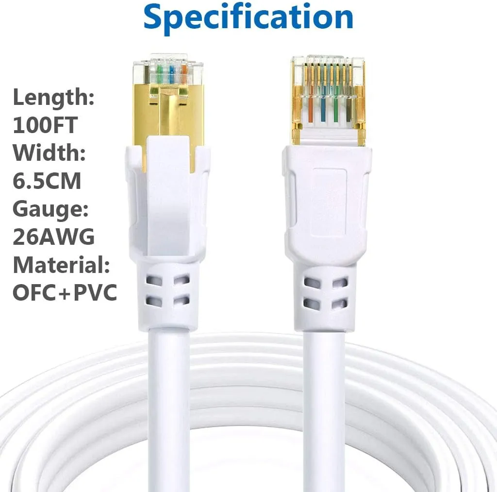 Cat 8 Ethernet Cable 100 ft Internet Network LAN Patch Cable Cord High Speed 2000Mhz 40Gbps RJ45 Cables for Gaming, Xbox, PS5, PS4, Modem, Router, Outdoor Compatible for Cat7/Cat6a/Cat5e Network