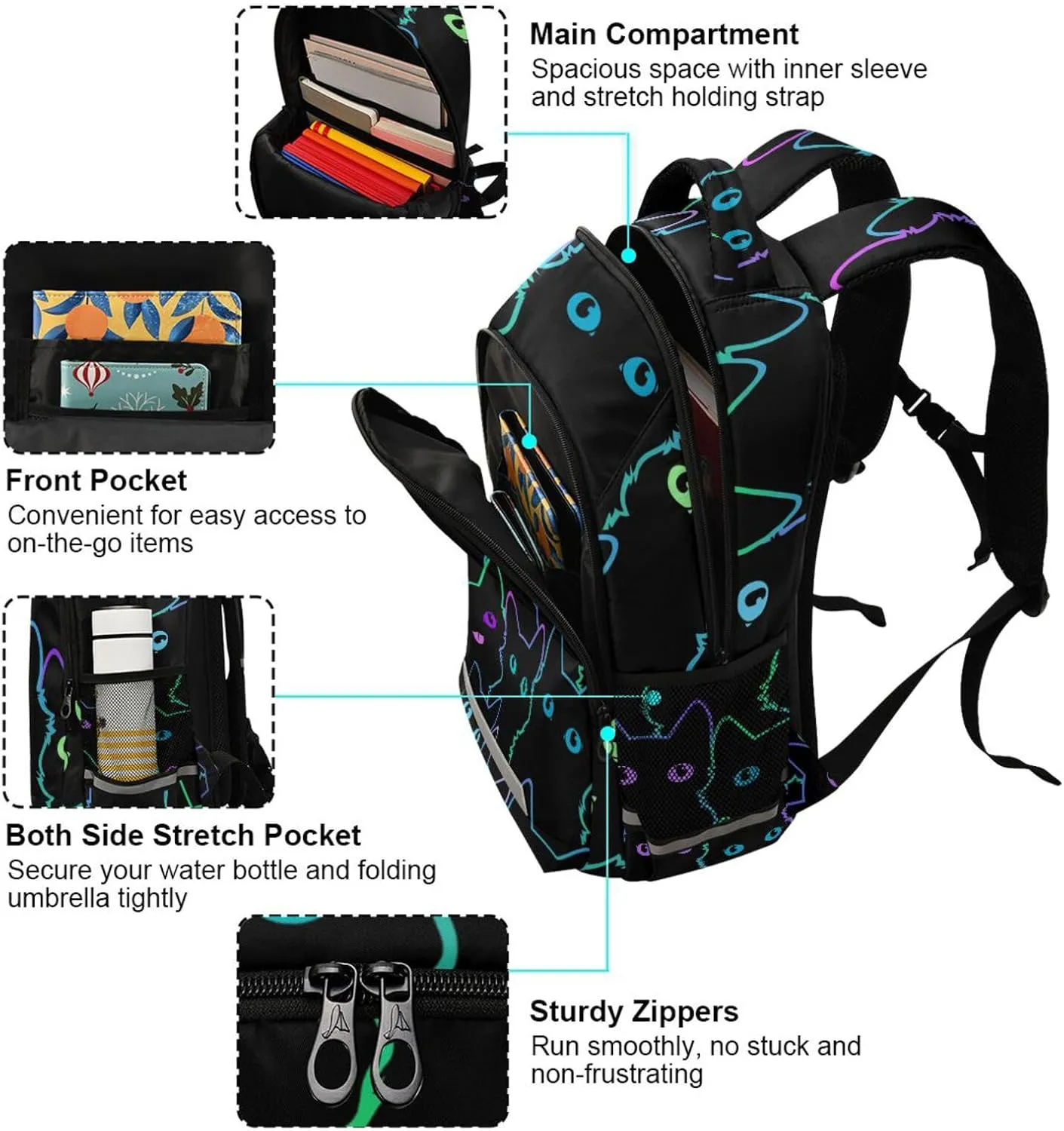 Cat Backpack for Students Boys Girls Colorful Neon Cat School Bag Travel Daypack Rucksack