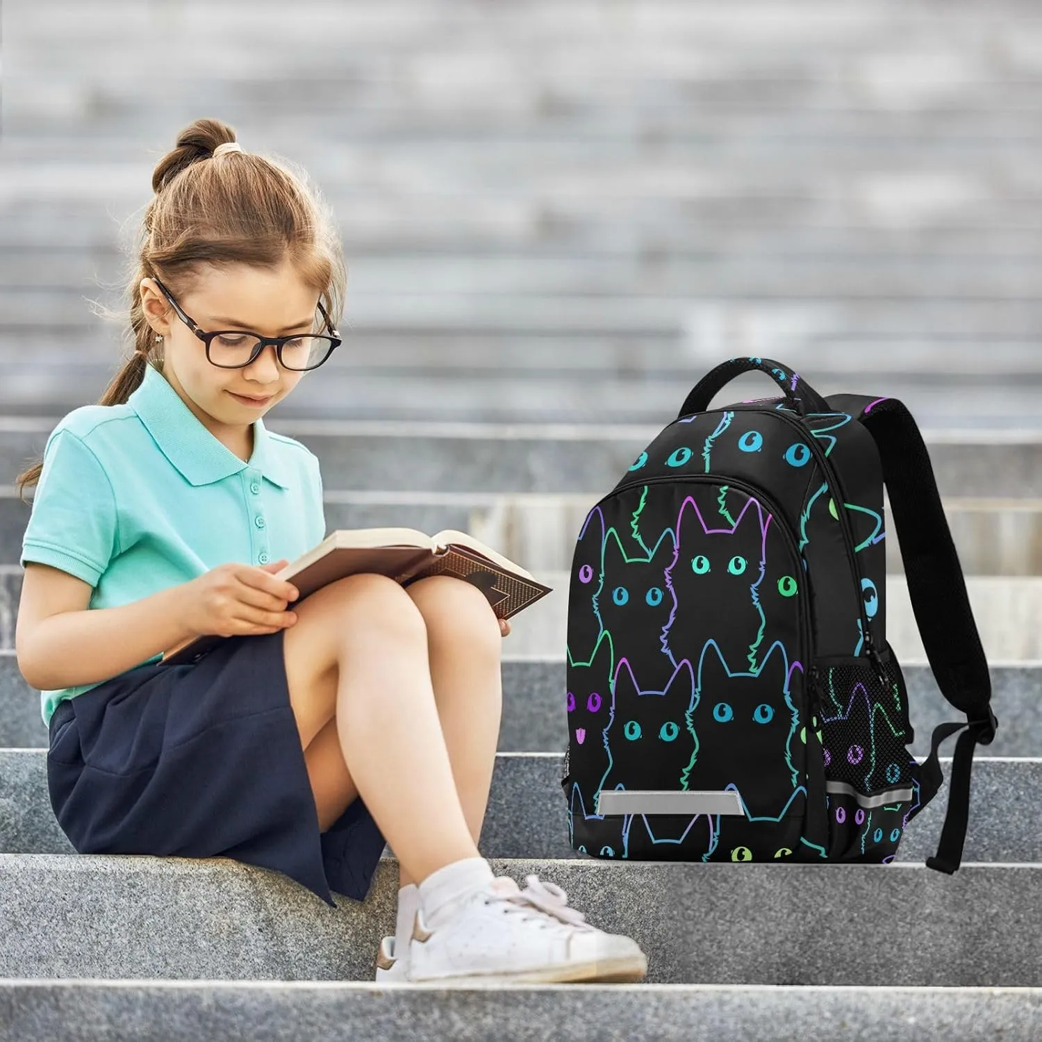 Cat Backpack for Students Boys Girls Colorful Neon Cat School Bag Travel Daypack Rucksack