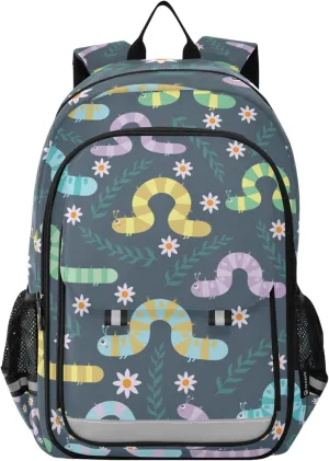 Caterpillar Flowers Grey Backpack Lightweight Bookbag Travel Laptop Backpack College School Computer Bag with Reflective Stripes