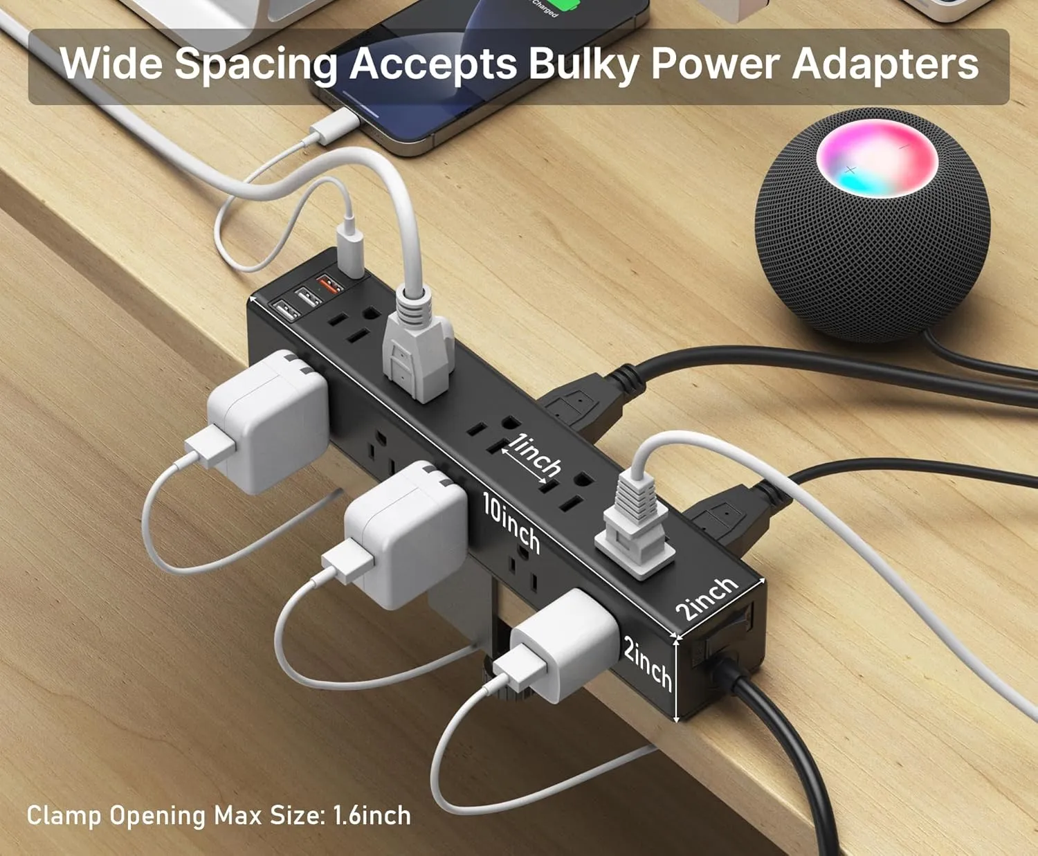 CCCEI Standing Desk Clamp Power Strip with 15 Outlets, Black Desktop Edge Mount Surge Protector Outlet, Fast Charging USB-A and 45W USB-C Ports, 15 FT Flat Plug, Black Fit 1.6 inch Table top.