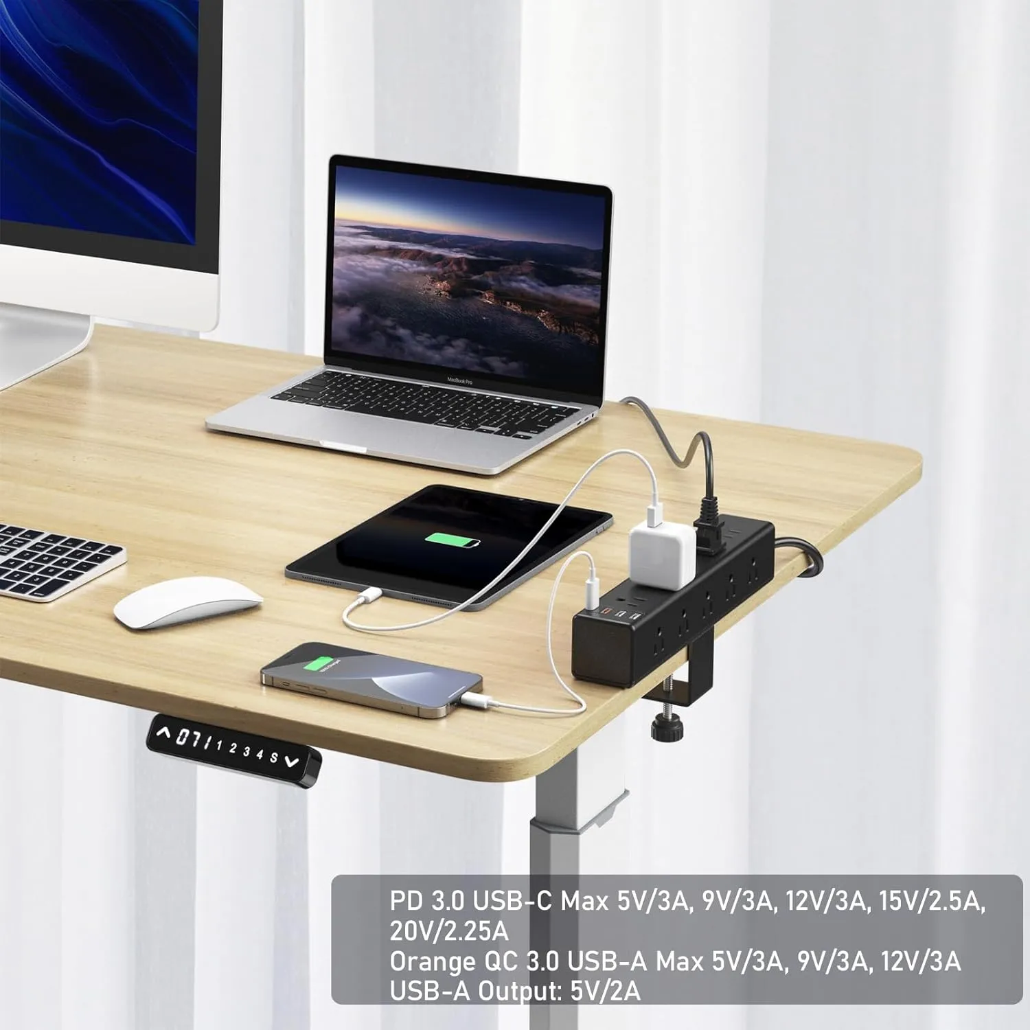 CCCEI Standing Desk Clamp Power Strip with 15 Outlets, Black Desktop Edge Mount Surge Protector Outlet, Fast Charging USB-A and 45W USB-C Ports, 15 FT Flat Plug, Black Fit 1.6 inch Table top.