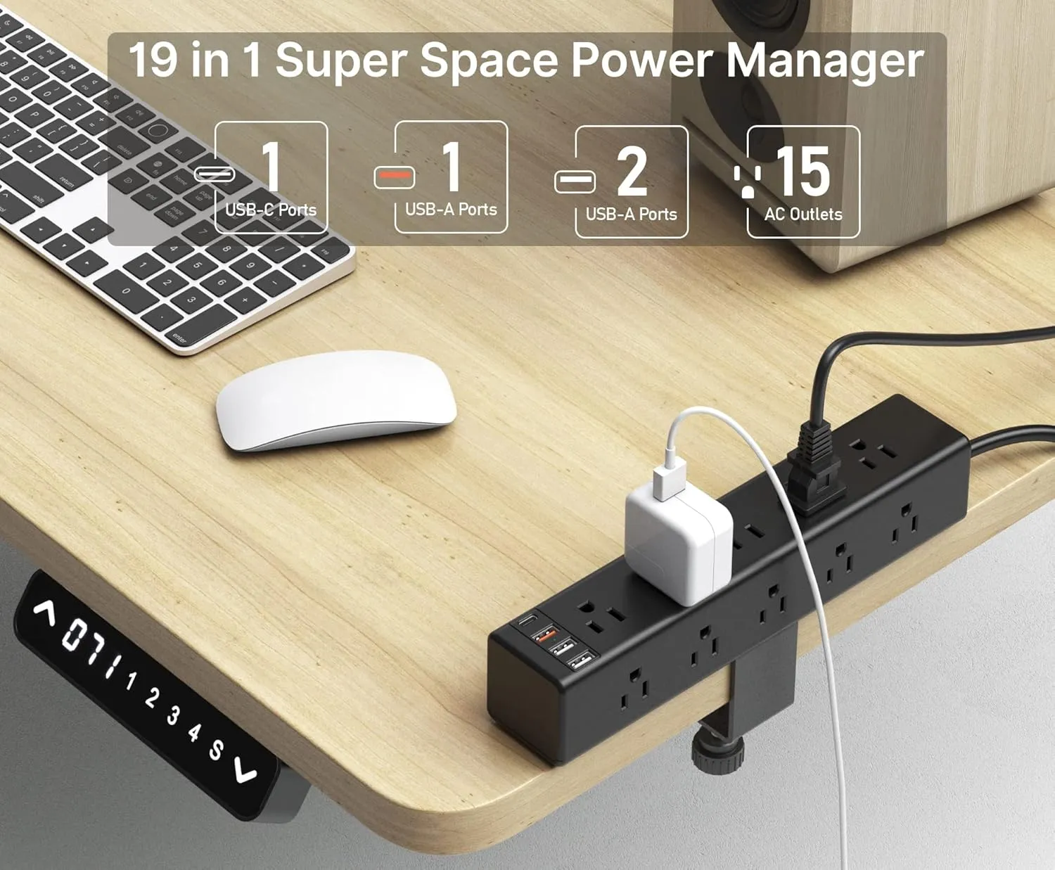 CCCEI Standing Desk Clamp Power Strip with 15 Outlets, Black Desktop Edge Mount Surge Protector Outlet, Fast Charging USB-A and 45W USB-C Ports, 15 FT Flat Plug, Black Fit 1.6 inch Table top.