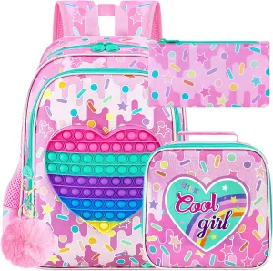 CCJPX 3PCS Backpack for Girls, 16”Kids Water Resistant Elementary Preschool Kindergarten School Bookbag with Lunch Box - Pink