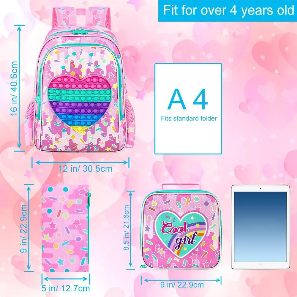 CCJPX 3PCS Backpack for Girls, 16”Kids Water Resistant Elementary Preschool Kindergarten School Bookbag with Lunch Box - Pink