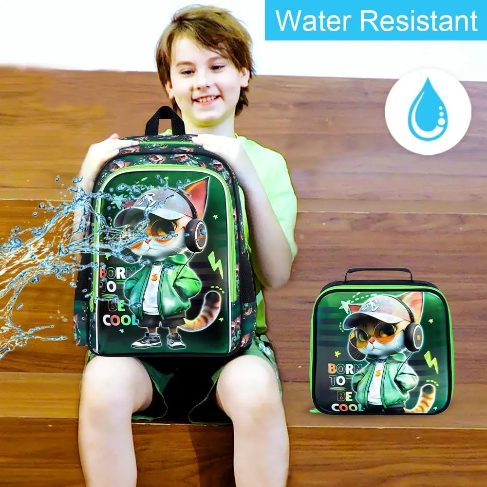 CCJPX 3PCS Cat Backpack for Boys, 16 Inch Kids Water Resistant Preschool Bookbags, Cool Elementary Kindergarten School Backpacks and Lunch Box
