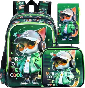 CCJPX 3PCS Cat Backpack for Boys, 16 Inch Kids Water Resistant Preschool Bookbags, Cool Elementary Kindergarten School Backpacks and Lunch Box