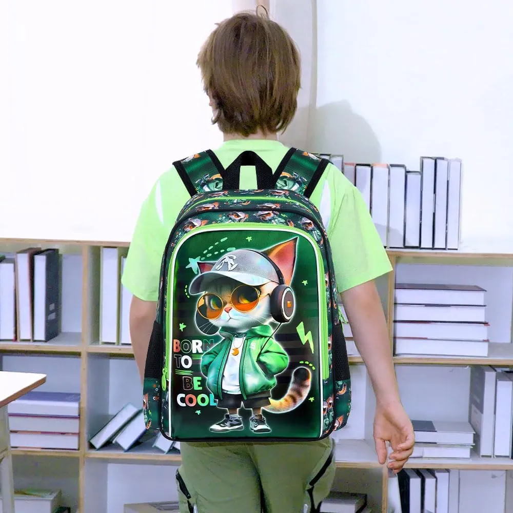 CCJPX 3PCS Cat Backpack for Boys, 16 Inch Kids Water Resistant Preschool Bookbags, Cool Elementary Kindergarten School Backpacks and Lunch Box