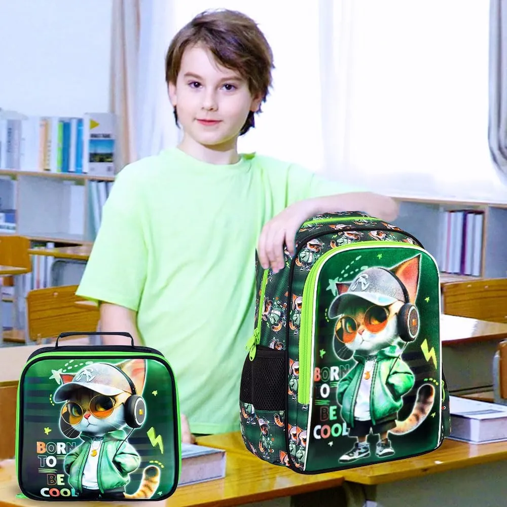 CCJPX 3PCS Cat Backpack for Boys, 16 Inch Kids Water Resistant Preschool Bookbags, Cool Elementary Kindergarten School Backpacks and Lunch Box