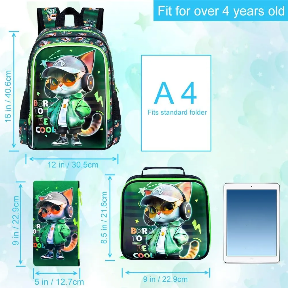 CCJPX 3PCS Cat Backpack for Boys, 16 Inch Kids Water Resistant Preschool Bookbags, Cool Elementary Kindergarten School Backpacks and Lunch Box