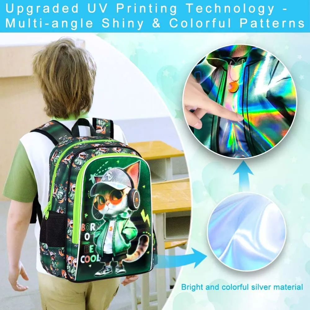 CCJPX 3PCS Cat Backpack for Boys, 16 Inch Kids Water Resistant Preschool Bookbags, Cool Elementary Kindergarten School Backpacks and Lunch Box
