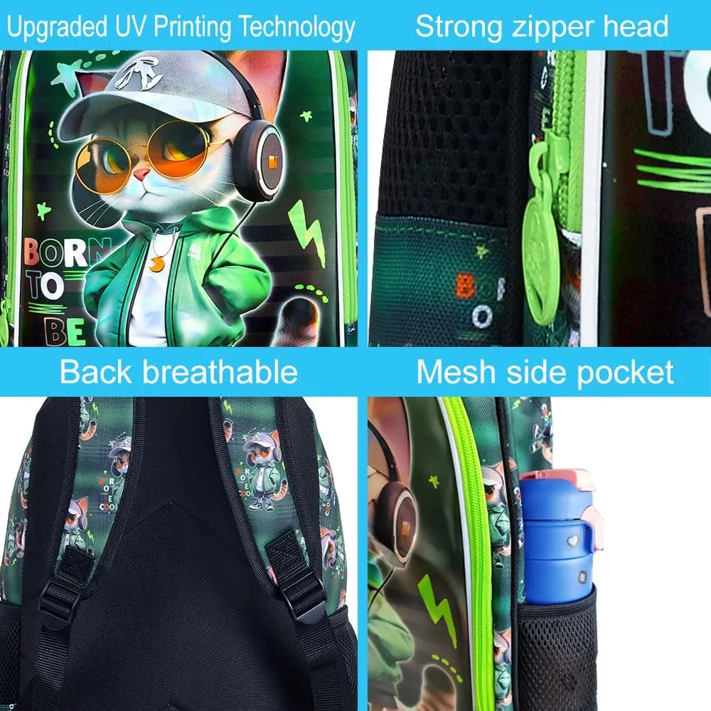 CCJPX 3PCS Cat Backpack for Boys, 16 Inch Kids Water Resistant Preschool Bookbags, Cool Elementary Kindergarten School Backpacks and Lunch Box