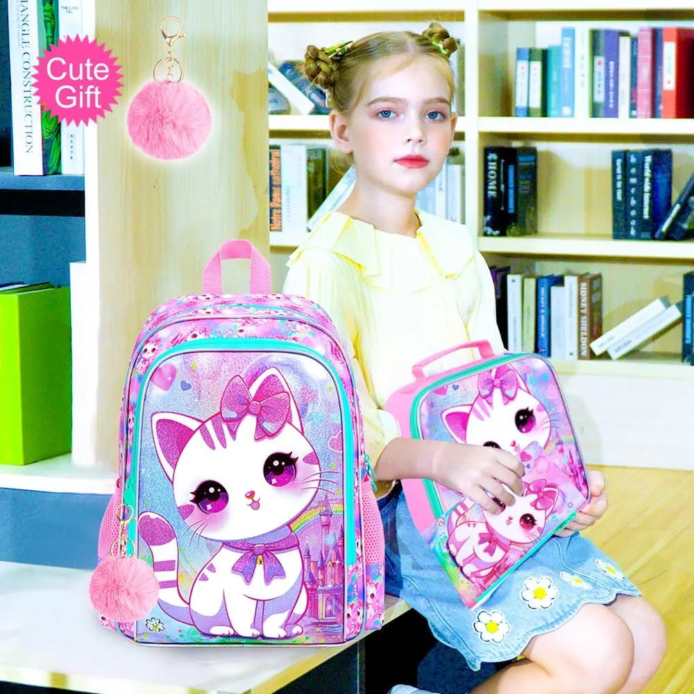 CCJPX 3PCS Cat Backpack for Girls, 16”Kids Preschool Bookbag with Lunch Box, Cute Water Resistant Elementary School Bag for Teen Kindergarten Toddler