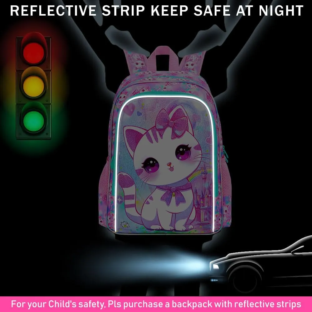 CCJPX 3PCS Cat Backpack for Girls, 16”Kids Preschool Bookbag with Lunch Box, Cute Water Resistant Elementary School Bag for Teen Kindergarten Toddler