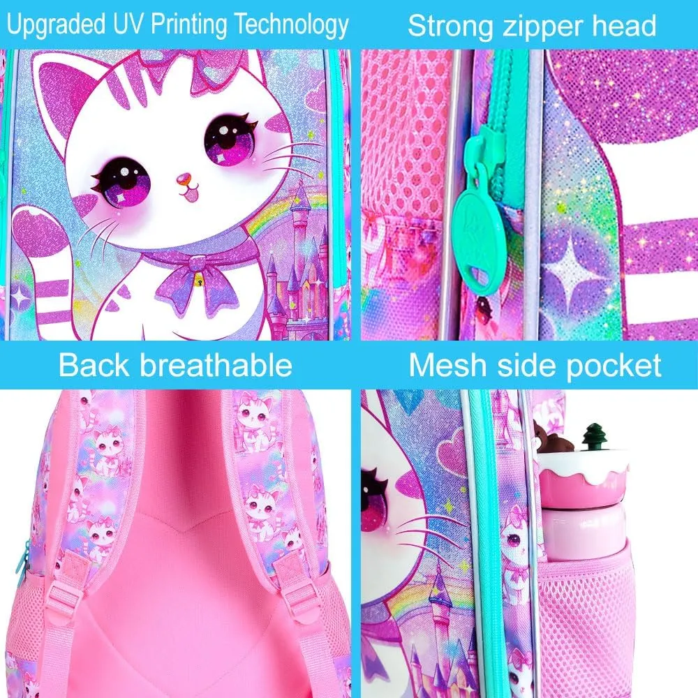 CCJPX 3PCS Cat Backpack for Girls, 16”Kids Preschool Bookbag with Lunch Box, Cute Water Resistant Elementary School Bag for Teen Kindergarten Toddler