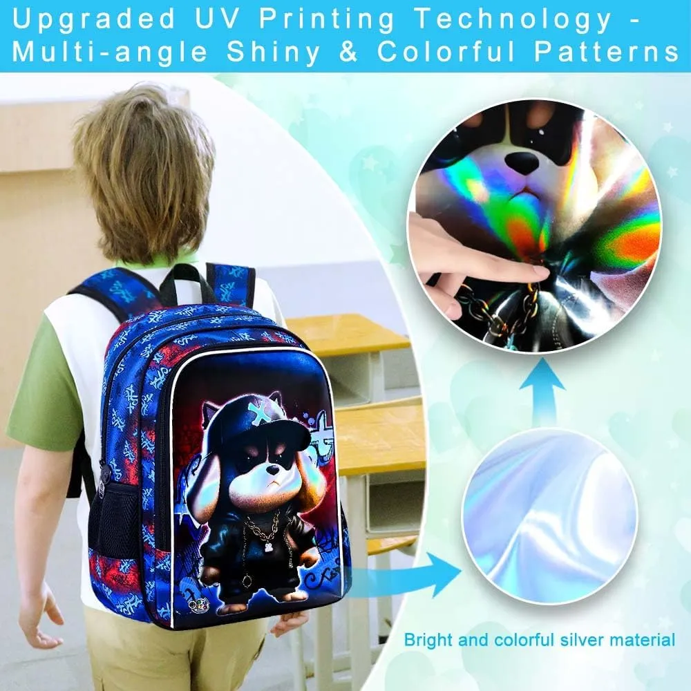 CCJPX 3PCS Kids Backpack for Boys, 16 Inch Dog Water Resistant Preschool Bookbags with Lunch Box, Cool Elementary School Bag for Toddler Kids