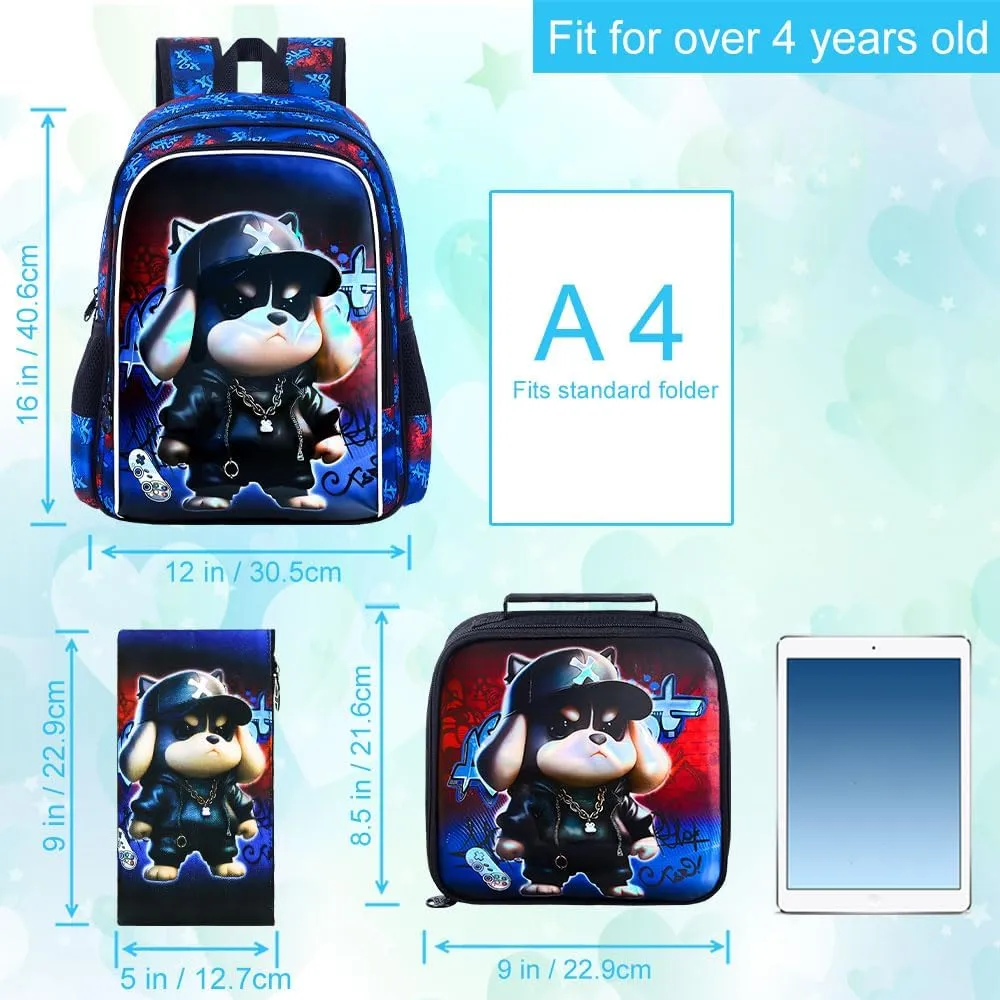 CCJPX 3PCS Kids Backpack for Boys, 16 Inch Dog Water Resistant Preschool Bookbags with Lunch Box, Cool Elementary School Bag for Toddler Kids