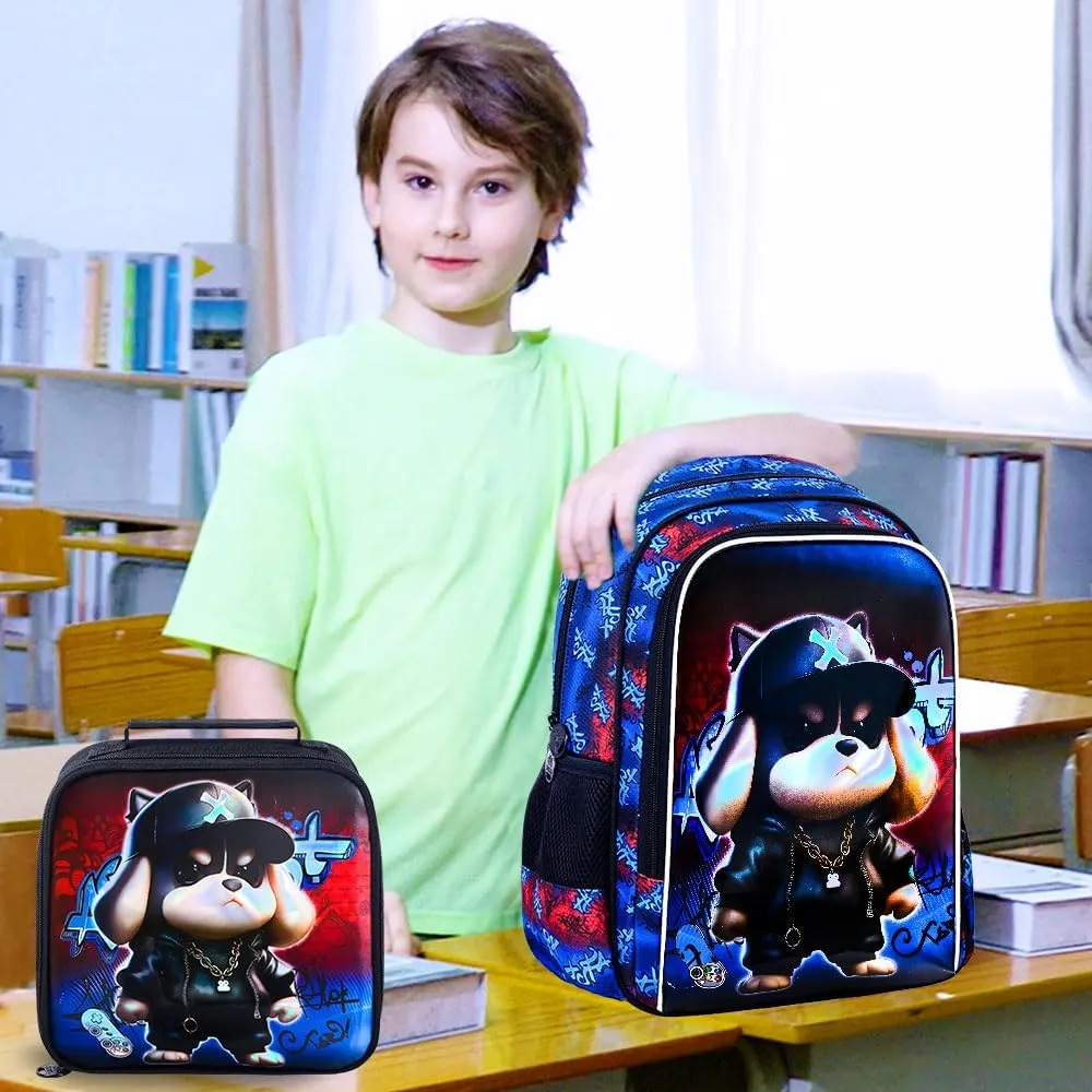 CCJPX 3PCS Kids Backpack for Boys, 16 Inch Dog Water Resistant Preschool Bookbags with Lunch Box, Cool Elementary School Bag for Toddler Kids