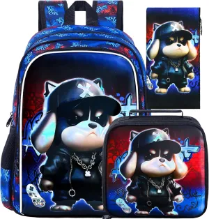 CCJPX 3PCS Kids Backpack for Boys, 16 Inch Dog Water Resistant Preschool Bookbags with Lunch Box, Cool Elementary School Bag for Toddler Kids