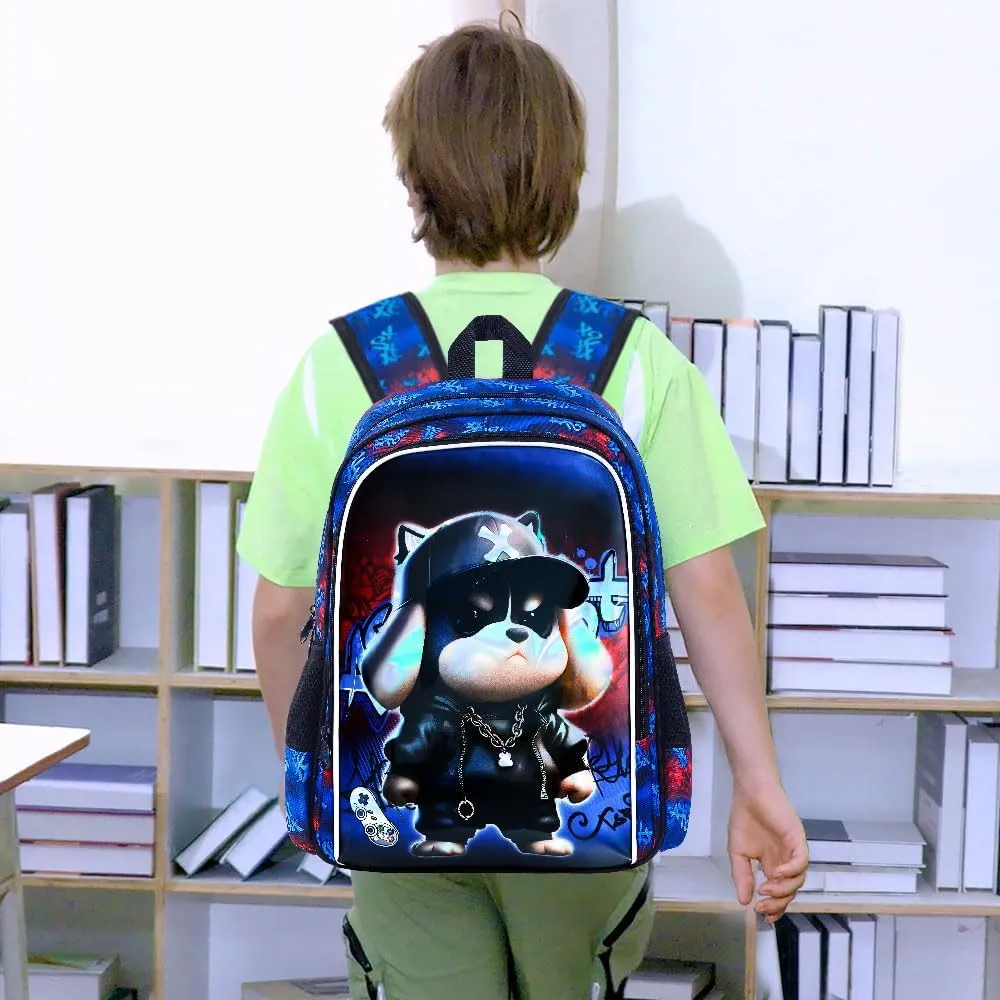 CCJPX 3PCS Kids Backpack for Boys, 16 Inch Dog Water Resistant Preschool Bookbags with Lunch Box, Cool Elementary School Bag for Toddler Kids