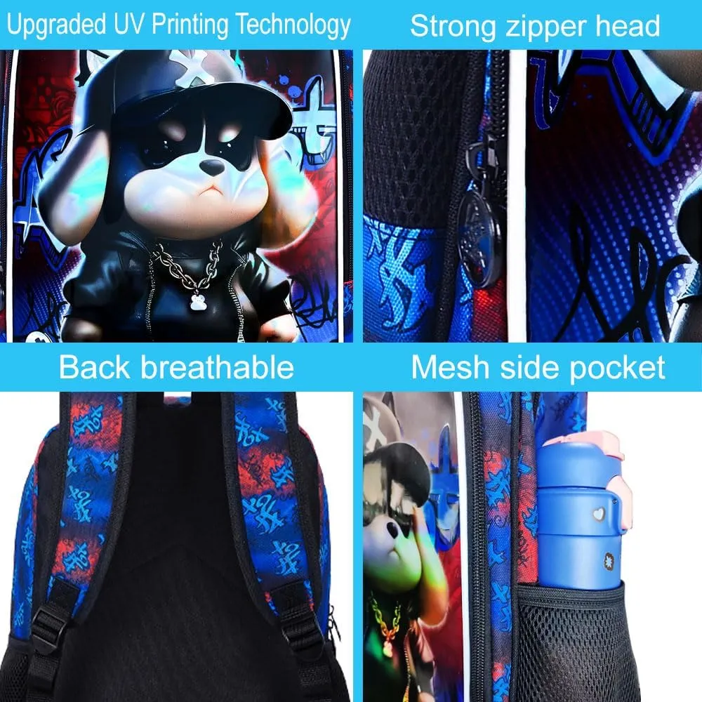CCJPX 3PCS Kids Backpack for Boys, 16 Inch Dog Water Resistant Preschool Bookbags with Lunch Box, Cool Elementary School Bag for Toddler Kids