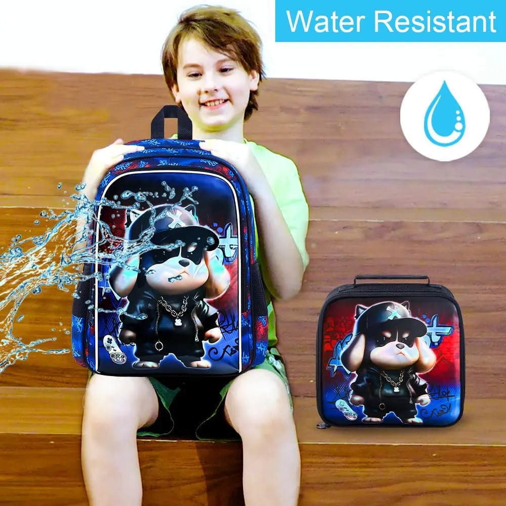 CCJPX 3PCS Kids Backpack for Boys, 16 Inch Dog Water Resistant Preschool Bookbags with Lunch Box, Cool Elementary School Bag for Toddler Kids
