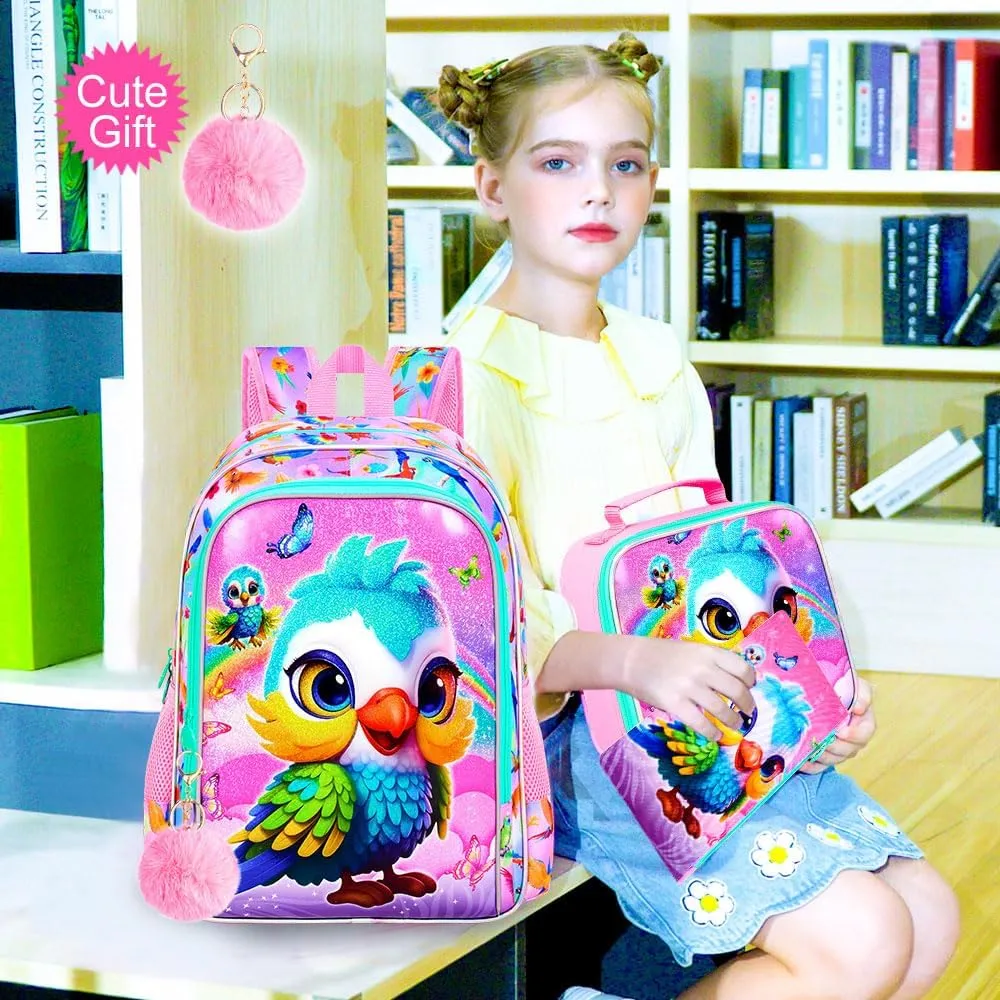 CCJPX 3PCS Parrot Backpack for Girls, 16 Inch Water Resistant Preschool Bookbags, Kids Elementary Kindergarten School Backpacks and Lunch Box