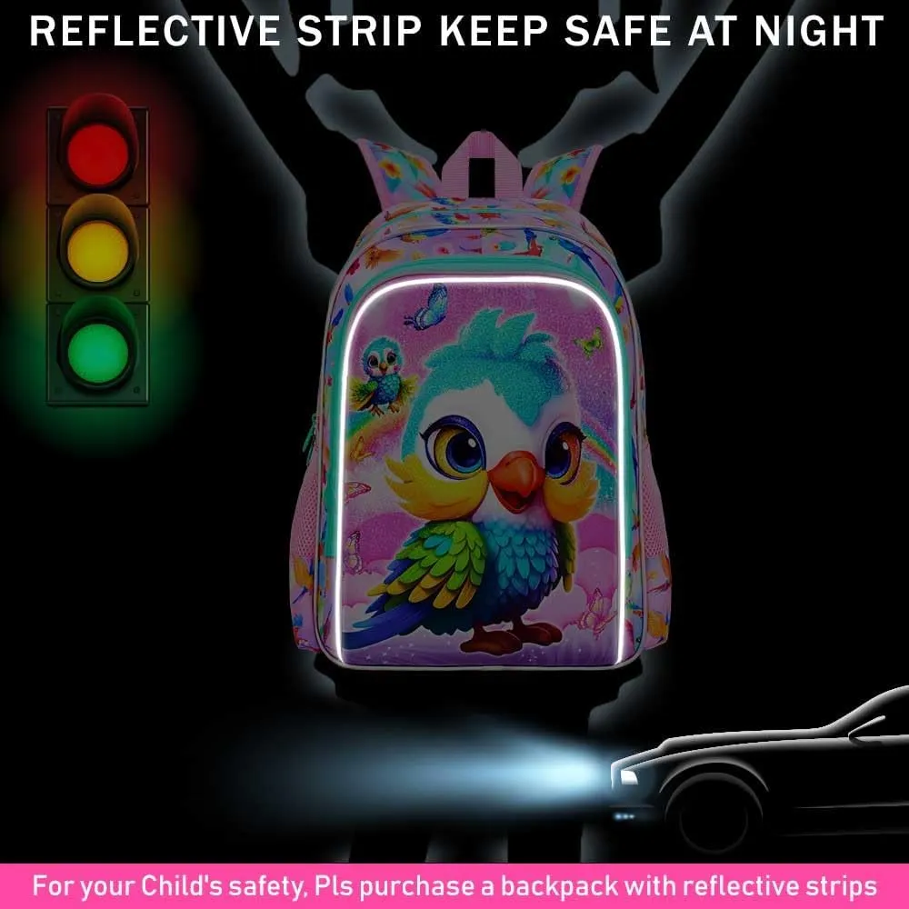 CCJPX 3PCS Parrot Backpack for Girls, 16 Inch Water Resistant Preschool Bookbags, Kids Elementary Kindergarten School Backpacks and Lunch Box