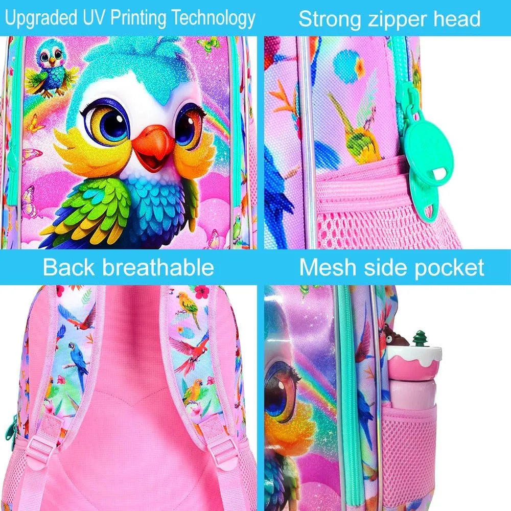 CCJPX 3PCS Parrot Backpack for Girls, 16 Inch Water Resistant Preschool Bookbags, Kids Elementary Kindergarten School Backpacks and Lunch Box