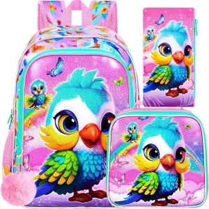 CCJPX 3PCS Parrot Backpack for Girls, 16 Inch Water Resistant Preschool Bookbags, Kids Elementary Kindergarten School Backpacks and Lunch Box