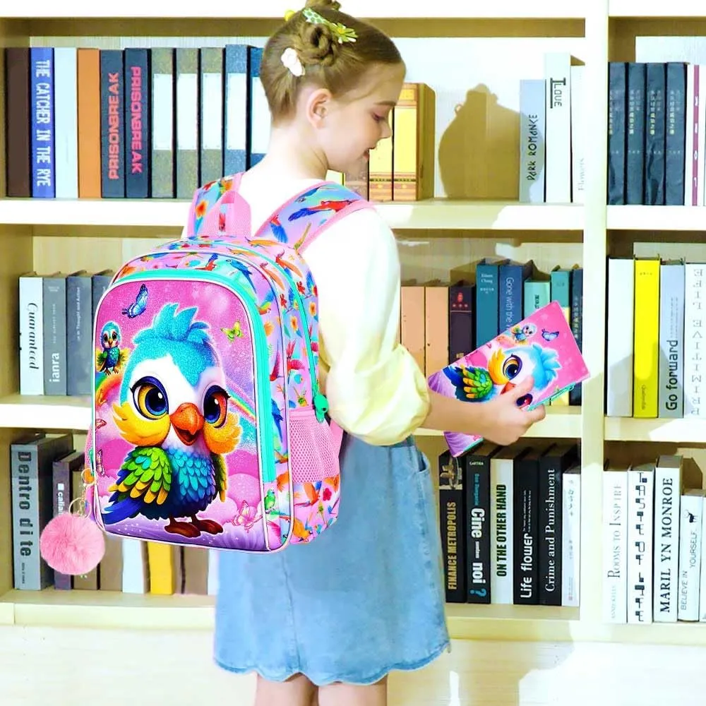 CCJPX 3PCS Parrot Backpack for Girls, 16 Inch Water Resistant Preschool Bookbags, Kids Elementary Kindergarten School Backpacks and Lunch Box