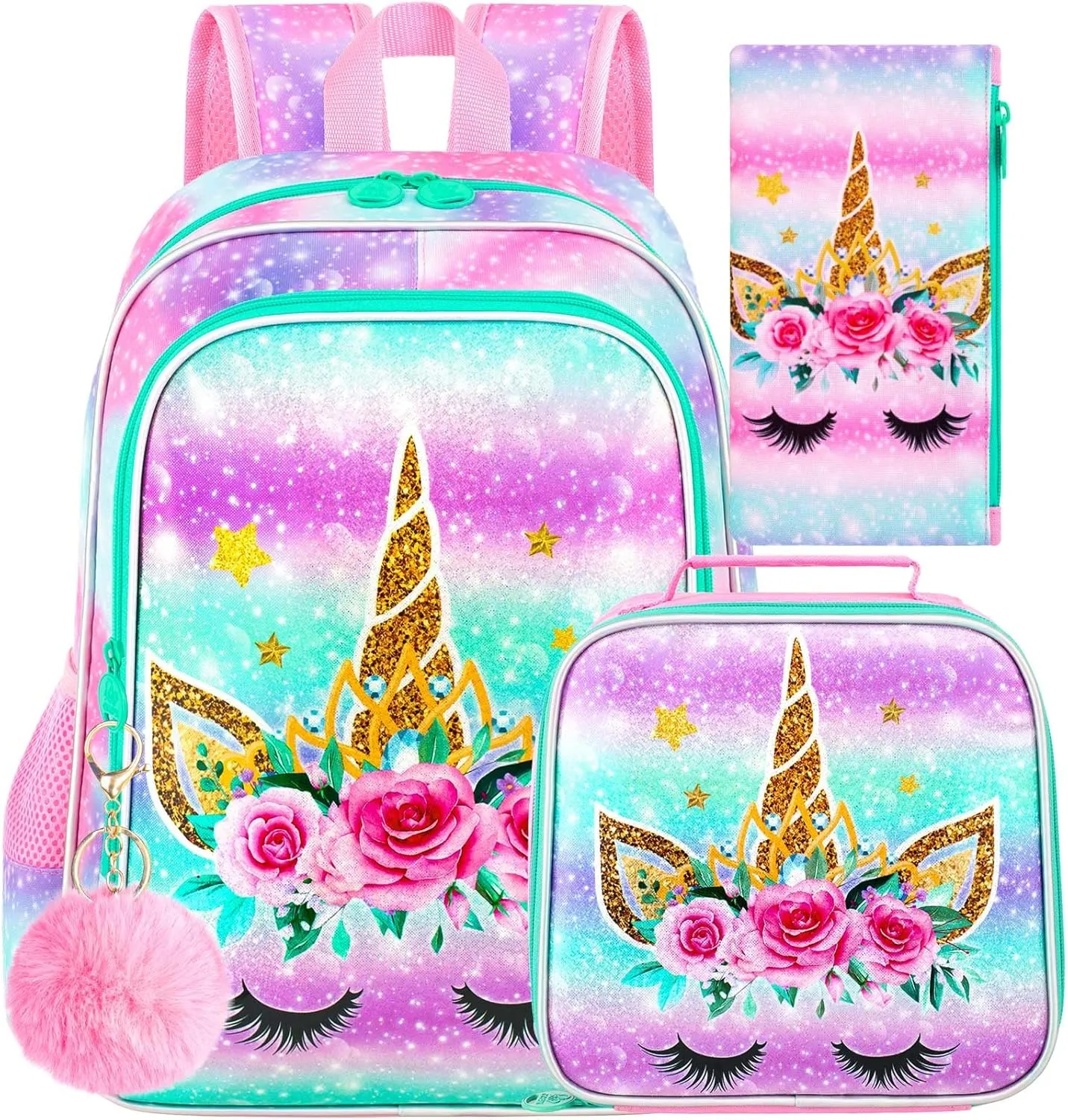 CCJPX 3PCS Unicorn Backpack for Girls, 16”Kids Bookbag with Lunch Box, Cute Water Resistant Elementary School Bag for Kindergarten Preschool Toddler