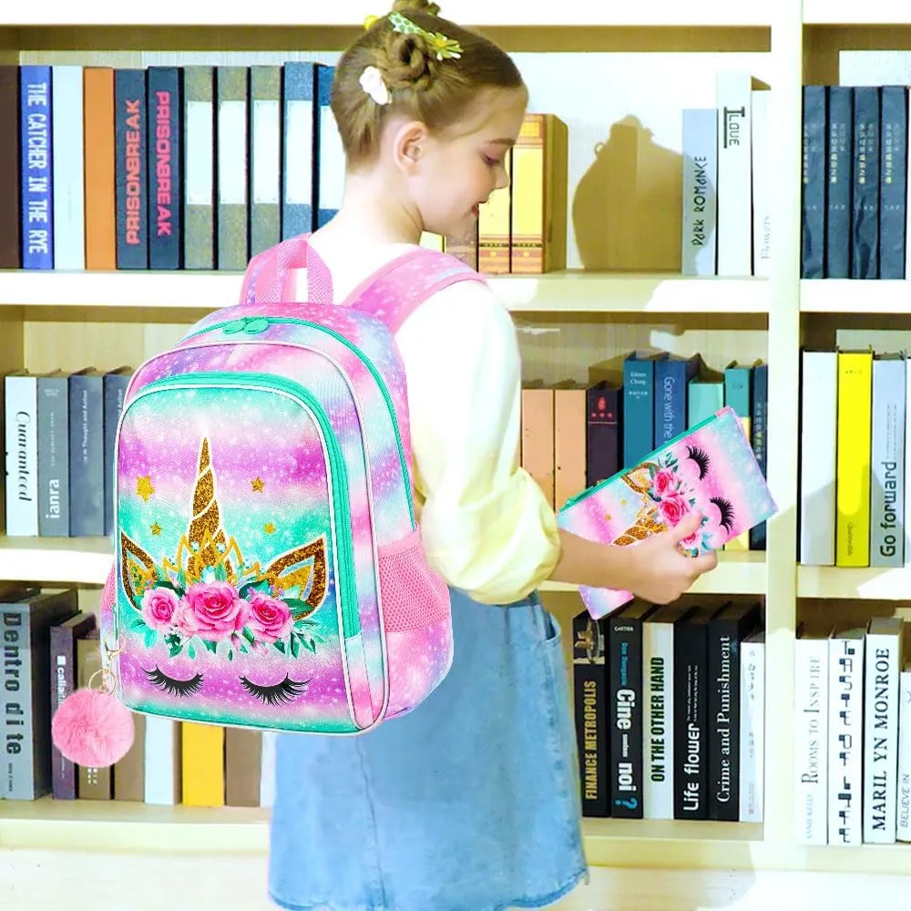 CCJPX 3PCS Unicorn Backpack for Girls, 16”Kids Bookbag with Lunch Box, Cute Water Resistant Elementary School Bag for Kindergarten Preschool Toddler