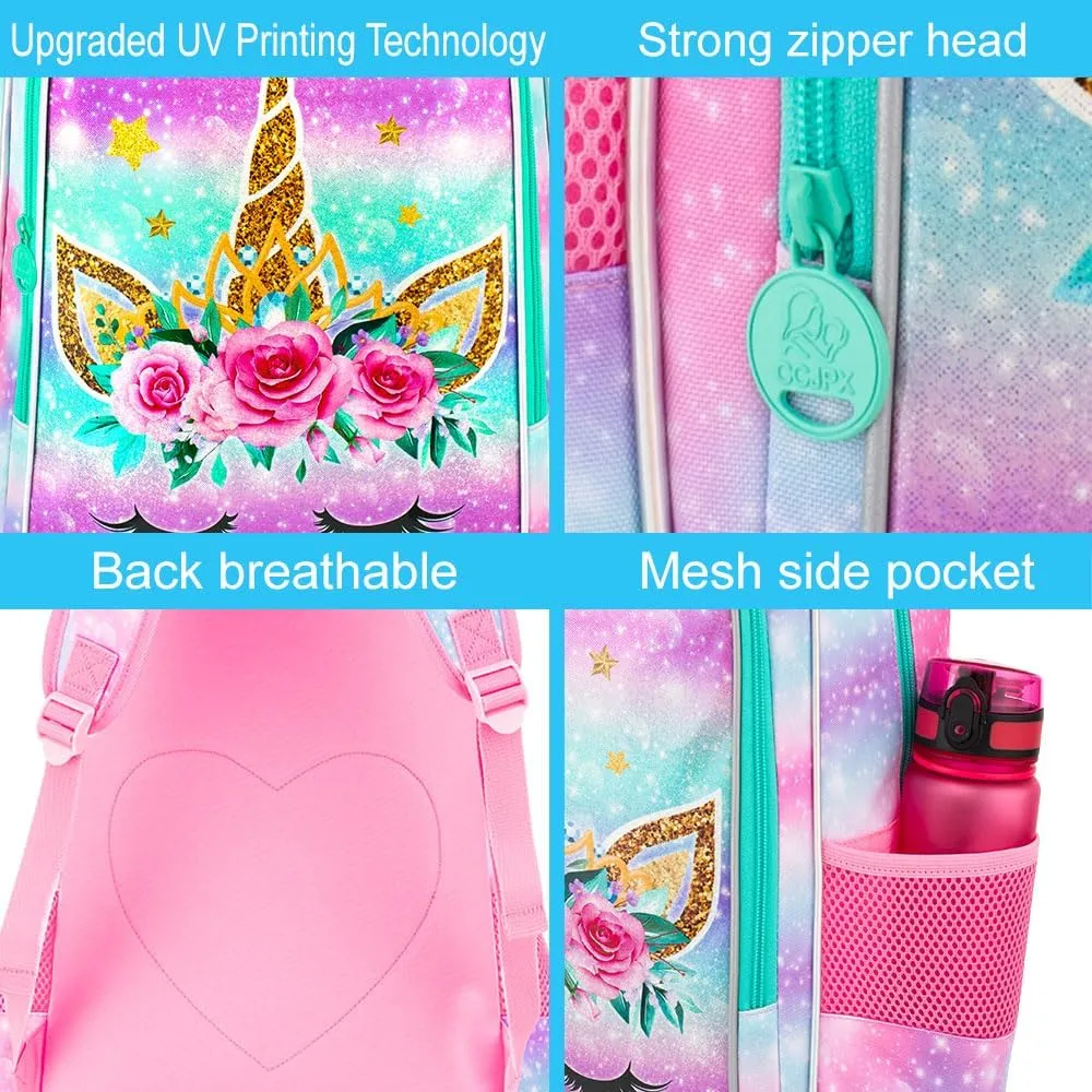 CCJPX 3PCS Unicorn Backpack for Girls, 16”Kids Bookbag with Lunch Box, Cute Water Resistant Elementary School Bag for Kindergarten Preschool Toddler