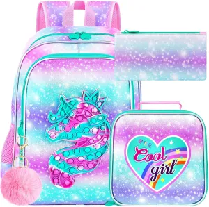 CCJPX 3PCS Unicorn Backpack for Girls, 16”Kids Water Resistant Elementary Preschool Kindergarten School Bookbag with Lunch Box - Pink